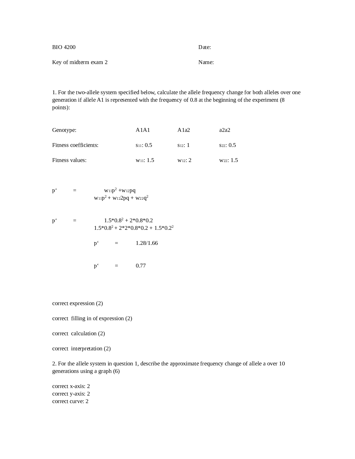 BIO 4200(Key of midterm exam 2)